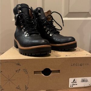 Indigo Black Leather Combat Boots